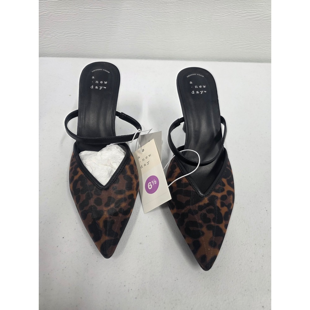 A New Day Womens Leopard Print Mesh Pointed Toe Mules Kitten Heel Pumps 6.5